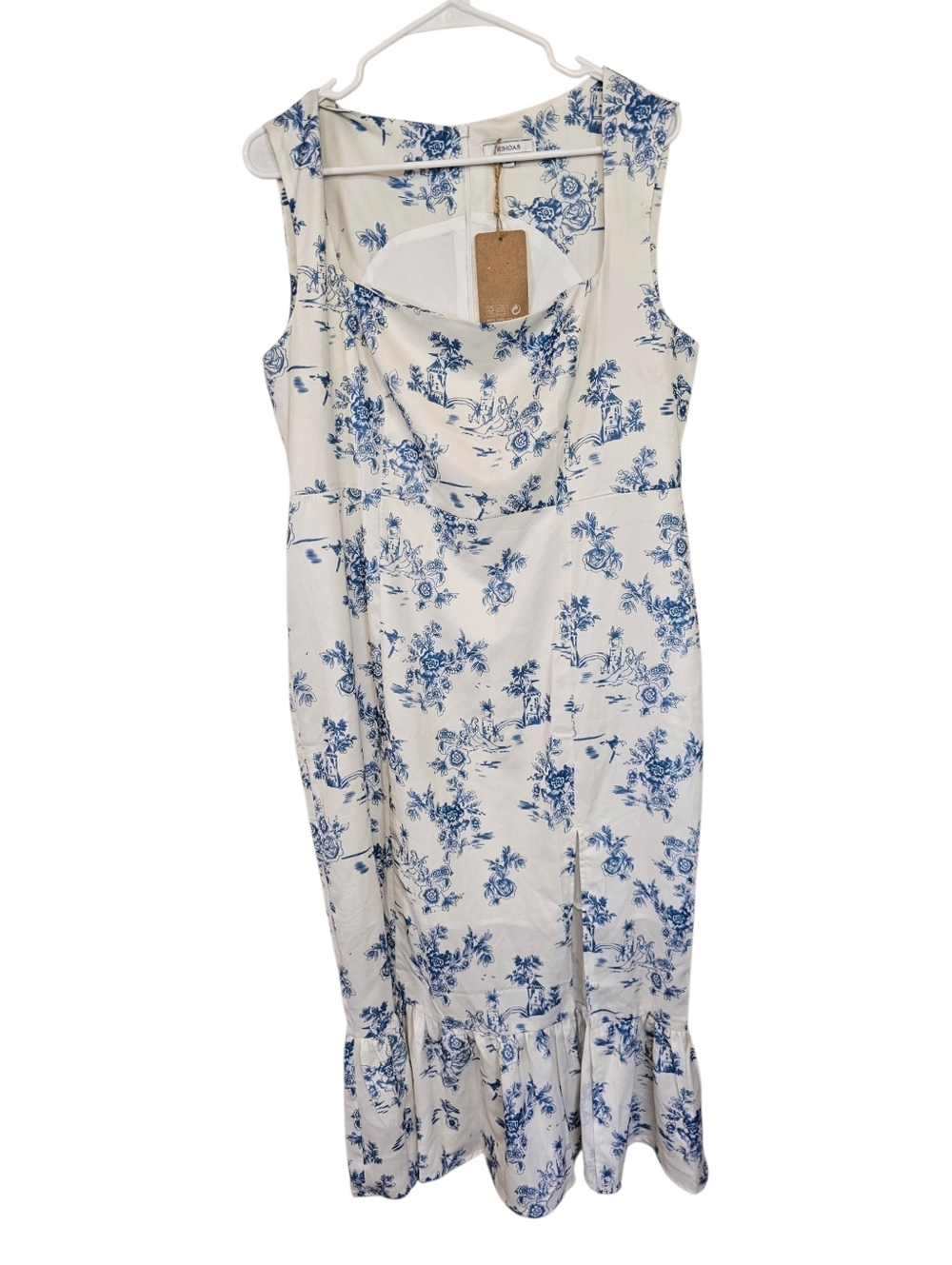 RIHOAS Square Neck Porcelain Design Floral Ruffle Trim Midi Dress - Picture 2 of 10